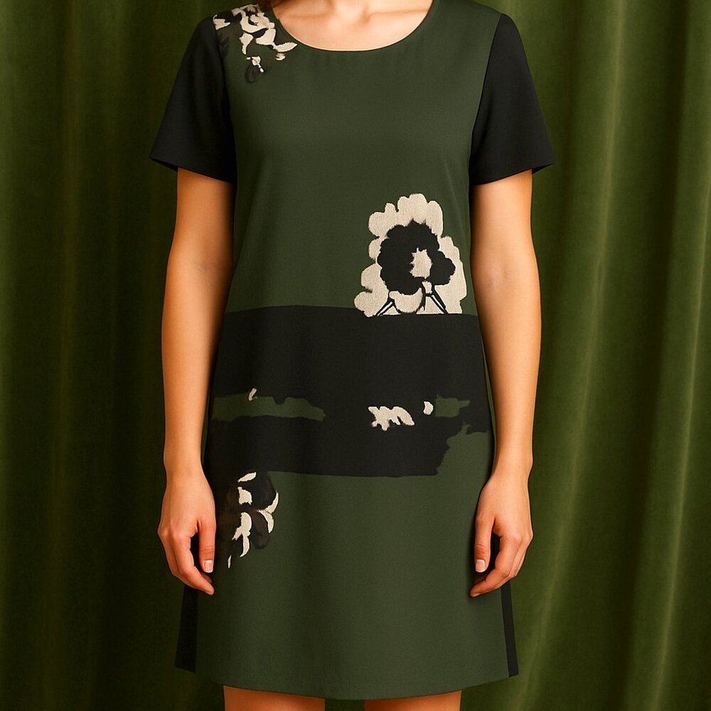 Vera Wang Dark Green Abstract Floral Print Shift Dress XL